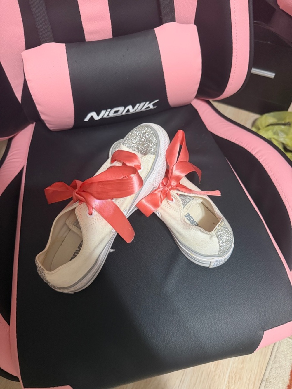 Sparkle Toe Converse Sneakers with Pink Satin Bows